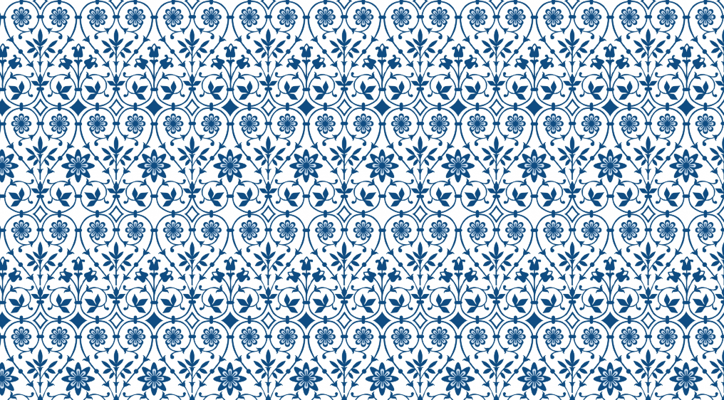 Pattern of interconnected blue floral and vine motifs on a white background.