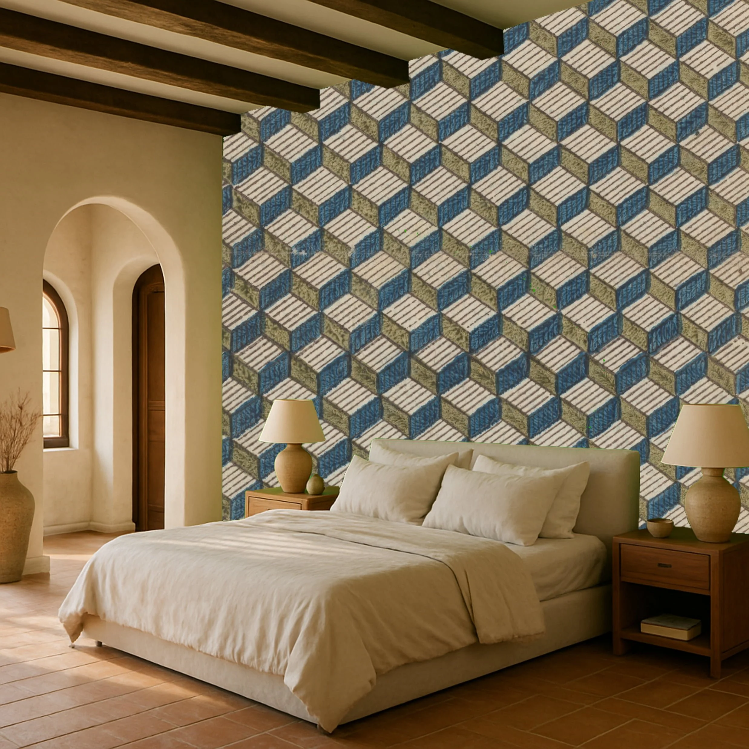 A cozy bedroom with a white bed and pillows, wooden nightstands with lamps, a patterned accent wall with geometric squares in blue, white, and green, arched windows, and warm beige walls.