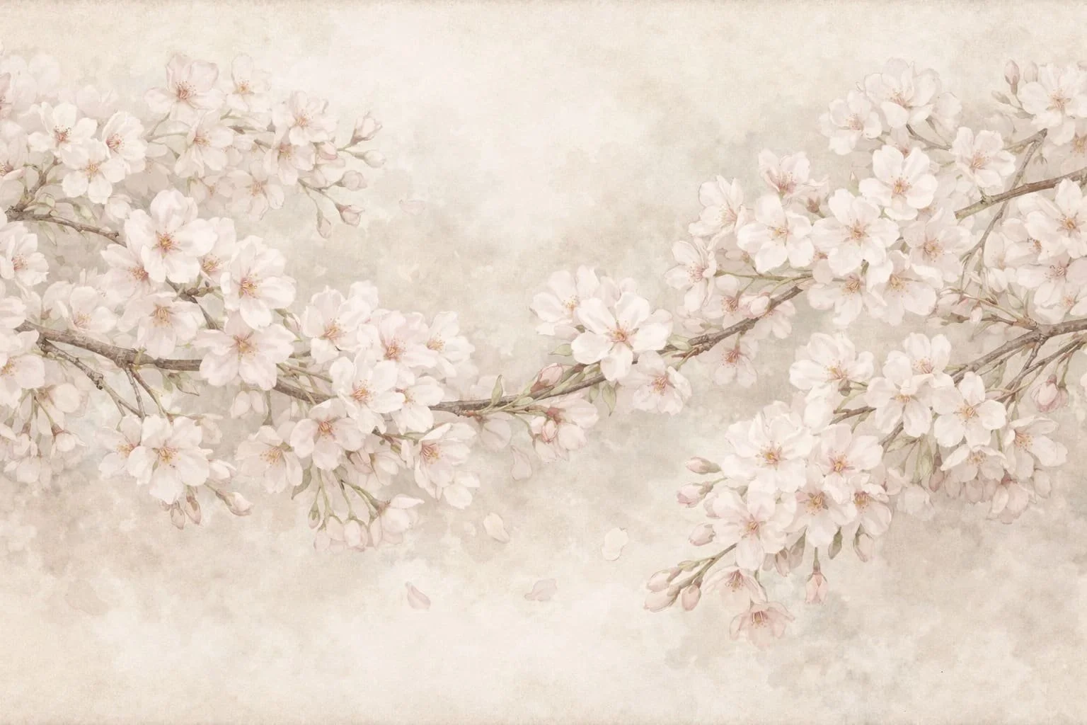 A soft pastel illustration of cherry blossom branches with white and pink flowers against a light background.