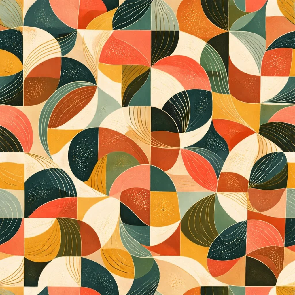 Abstract geometric pattern with overlapping semi-circles and squares in warm earthy tones like orange, yellow, red, green, black, and cream with subtle line details.