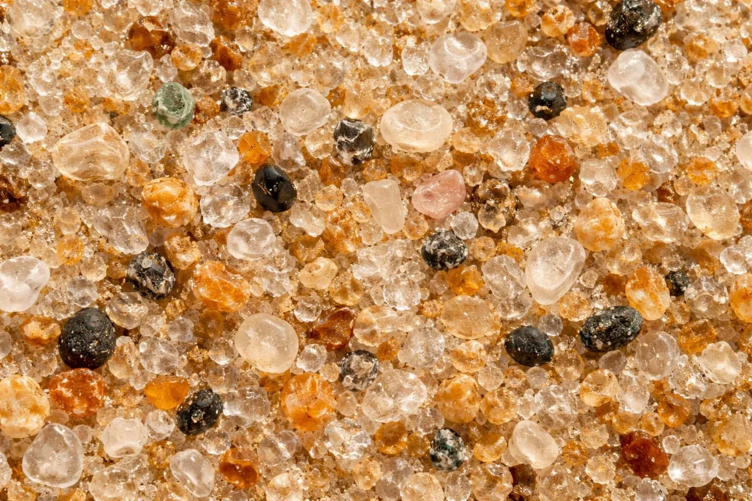 Close-up view of mixed sand grains, including small, rounded, and rough particles in various colors such as clear, black, orange, and pink.