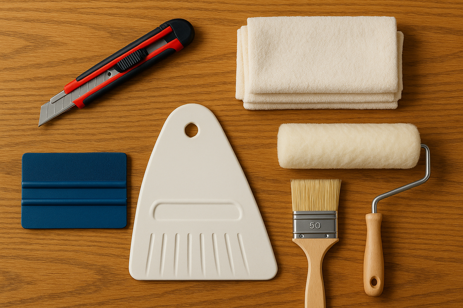 Paint roller, paintbrush, painter's tape, plastic scraper, small white towel, folded white towels, paint roller cover, utility knife with red and black handle, and a white plastic paint tray on a wooden surface.