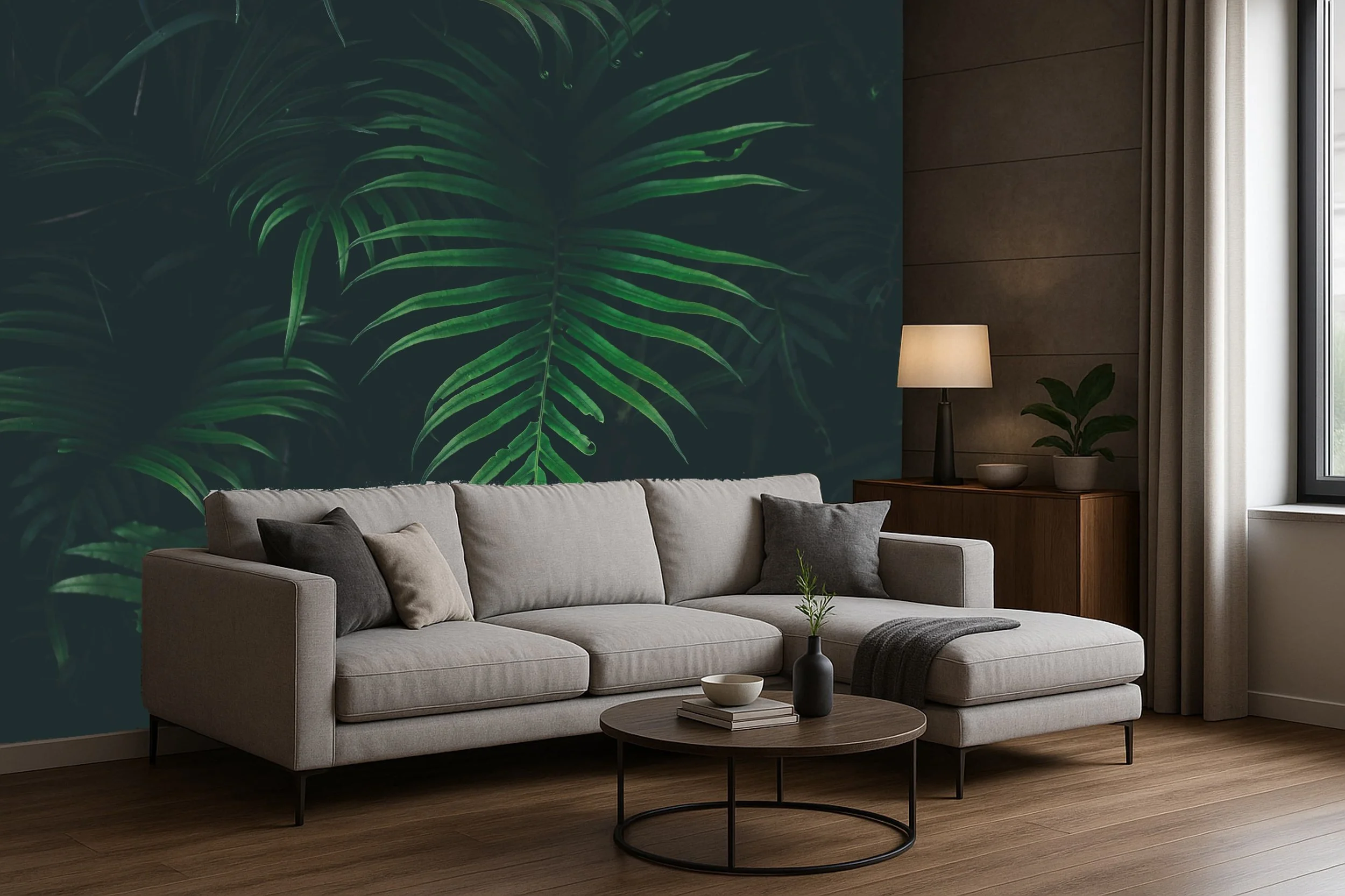 Living room with a beige sofa, dark and light gray pillows, a wooden coffee table with a vase, books, and a bowl, a wooden sideboard with a lamp and a potted plant, a window with curtains, and a green leafy mural wall.