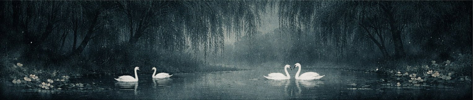 Four swans swimming on a calm lake surrounded by trees and water lilies, with a misty, serene atmosphere.