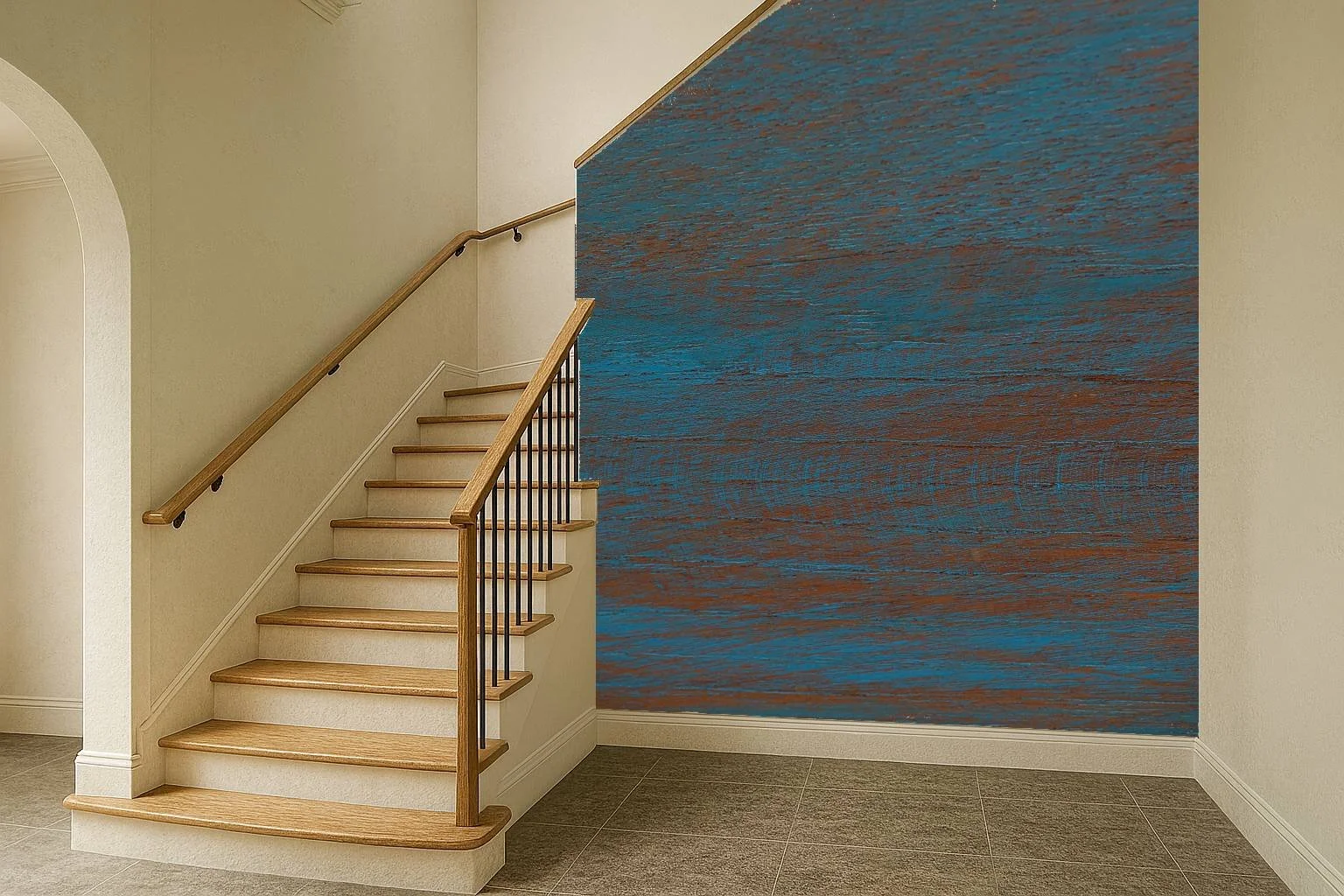 Textured blue staircase wallpaper wall mural with layered artistic finish rising along stairwell wall – Pop Papel textured seamless wallcovering for staircases