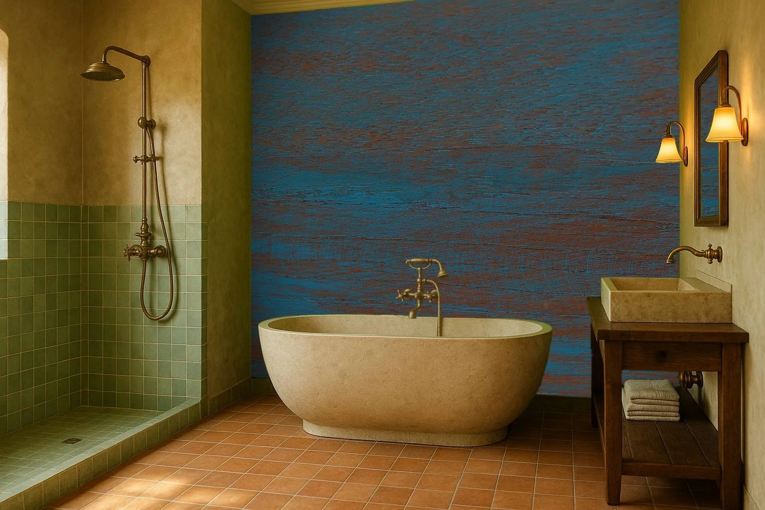 Textured blue bathroom wallpaper wall mural with layered artistic surface behind bathtub – Pop Papel textured seamless wallcovering for bathrooms