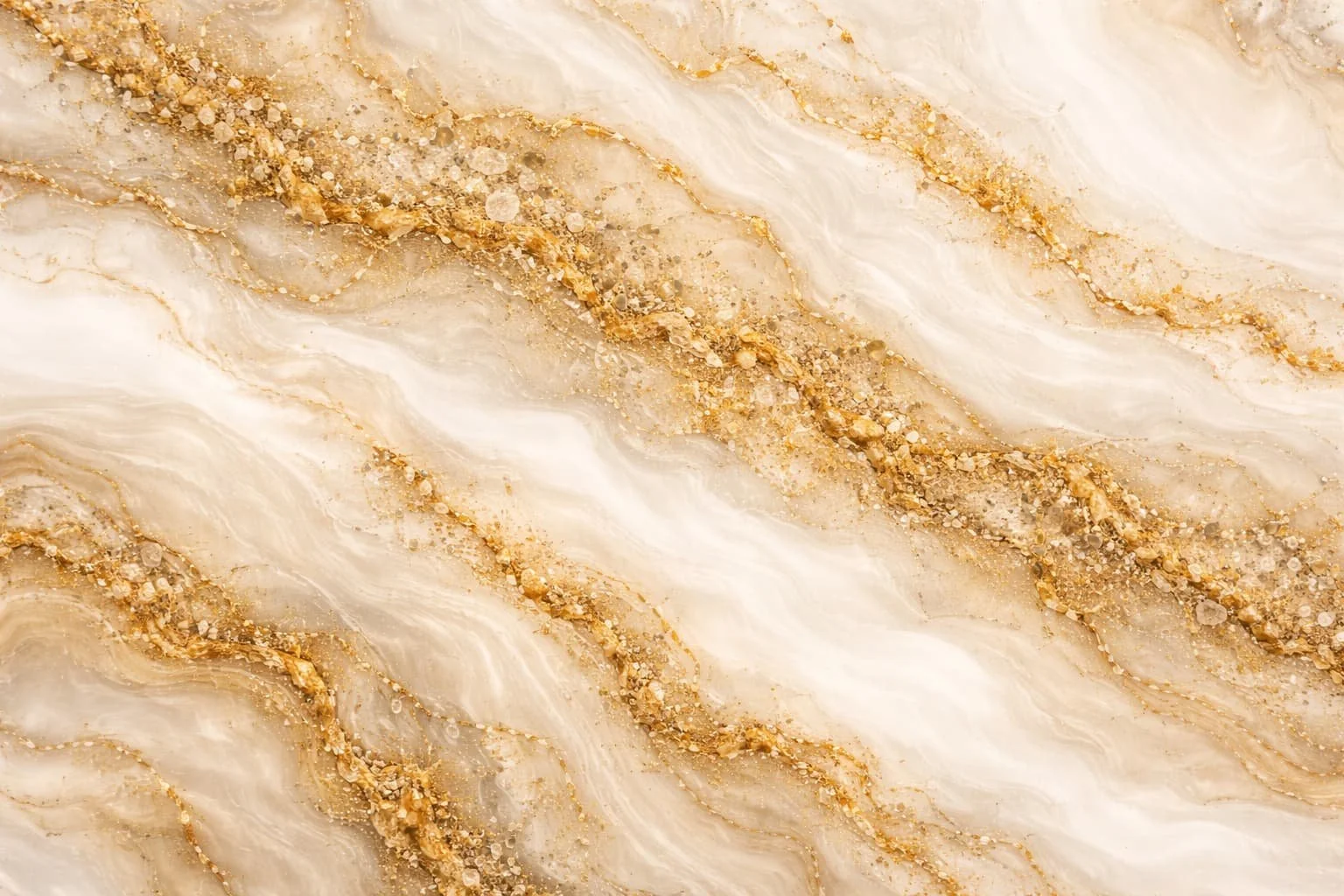 Close-up of a marble surface with beige, cream, and gold veins.
