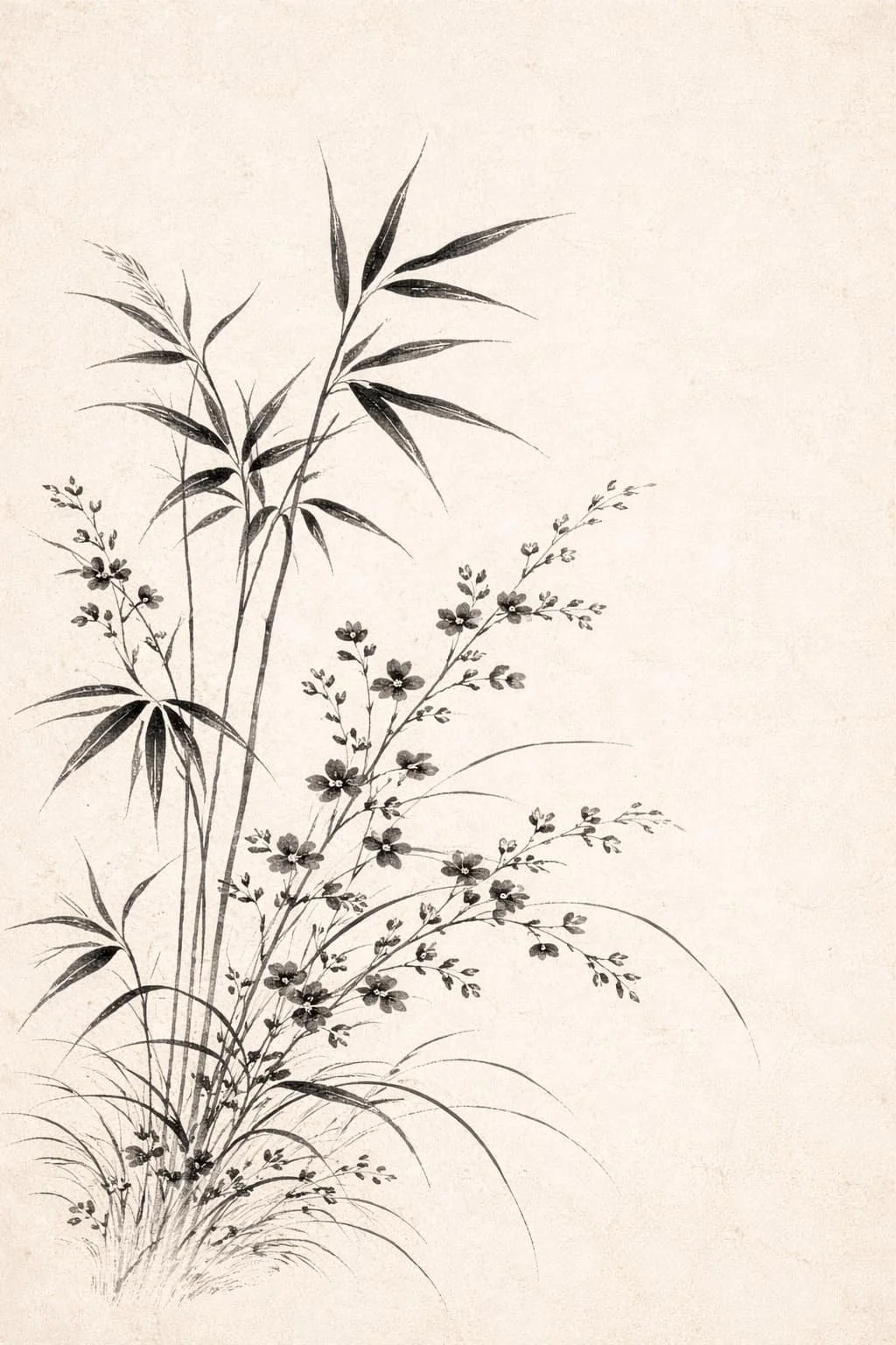 A black-and-white ink painting of bamboo stalks and small flowering plants on light background.