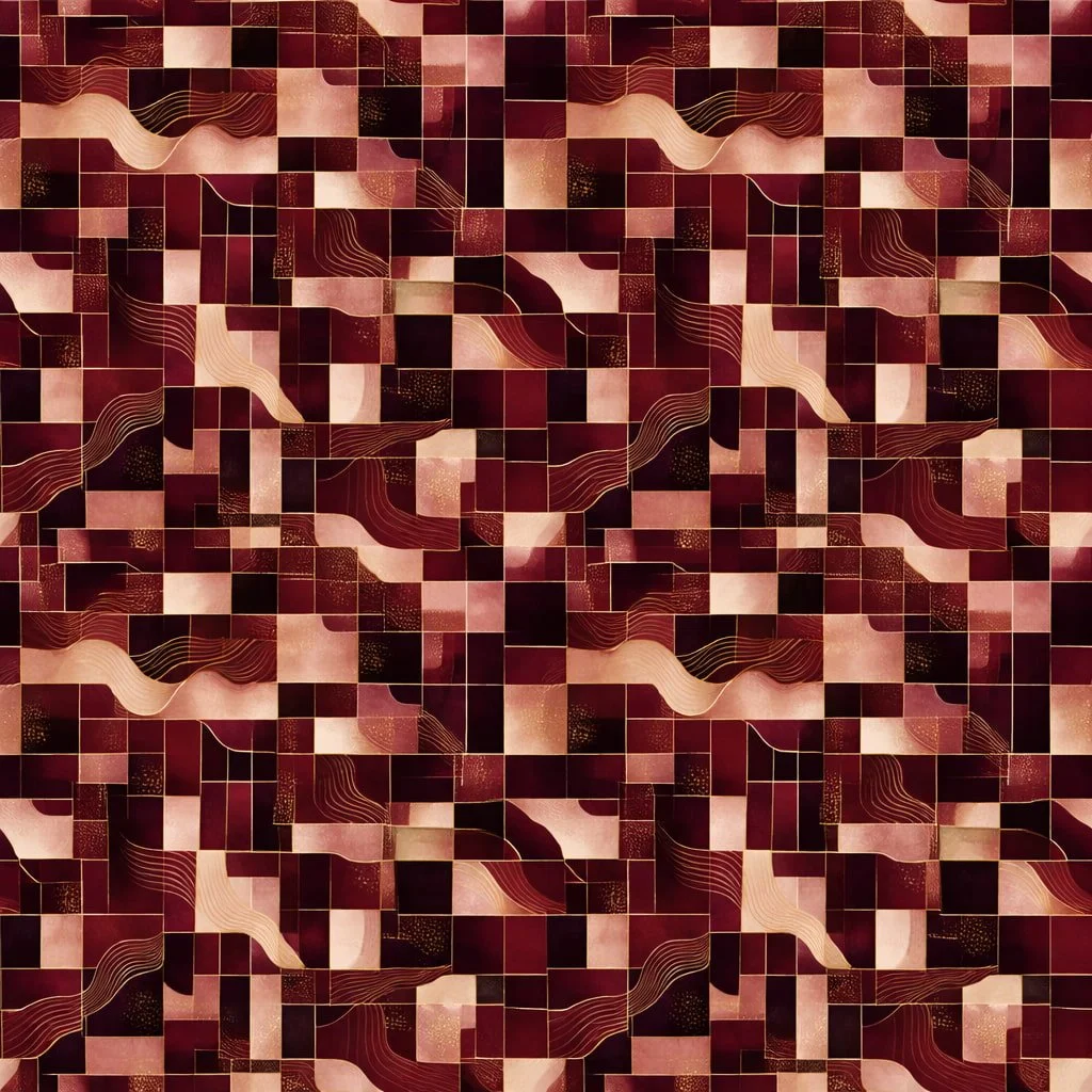 A digital abstract pattern with a mosaic design in shades of red, pink, and black, featuring geometric shapes, curved lines, and dotted details.