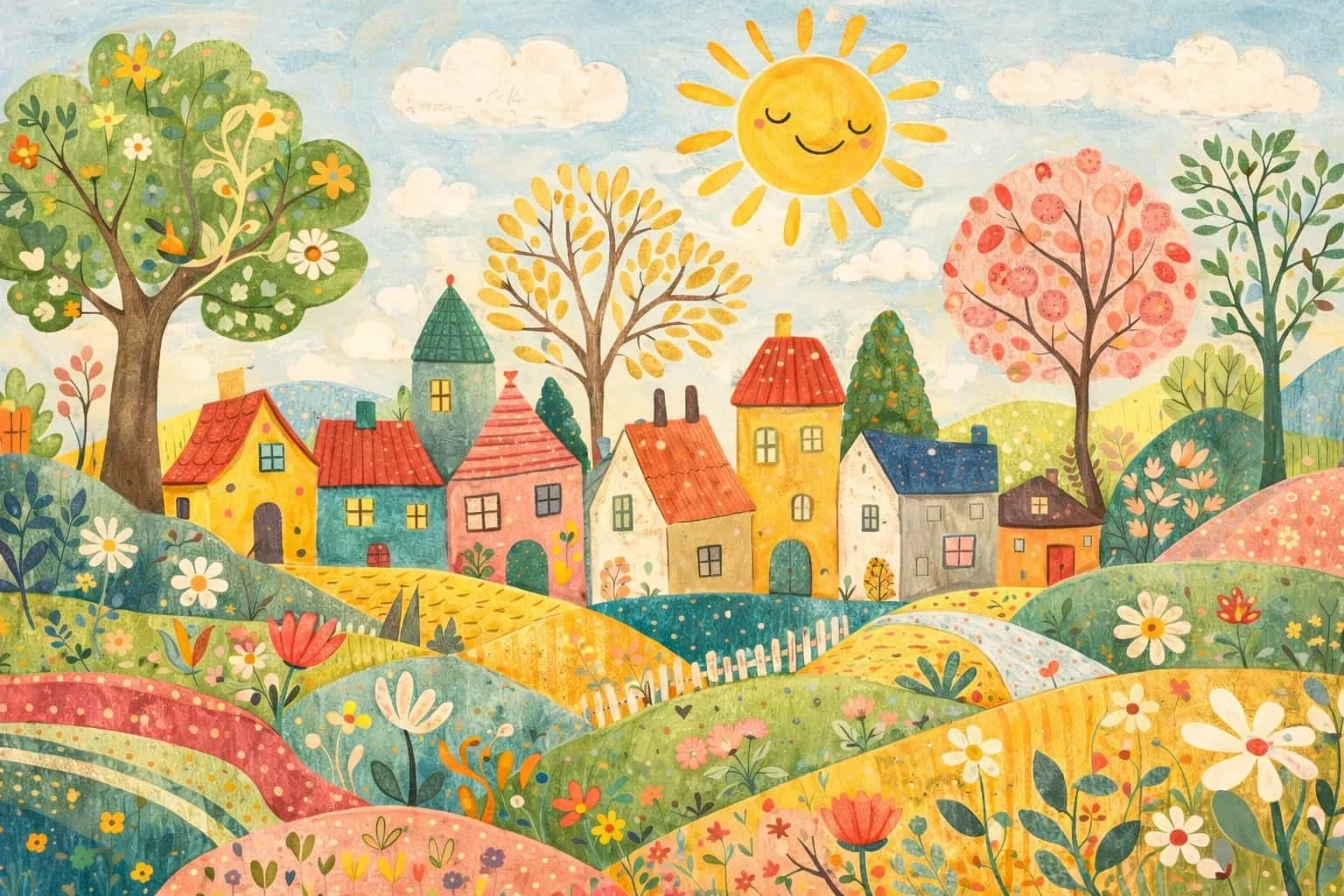 Colorful illustration of a cheerful village scene with houses, trees, flowers, rolling hills, and a smiling sun in the sky.