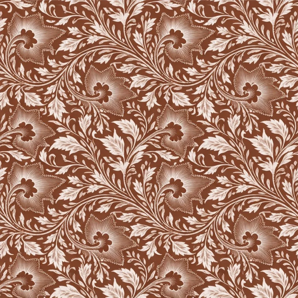 A floral pattern with white leaves and flowers on a brown background, featuring intricate and swirling designs.
