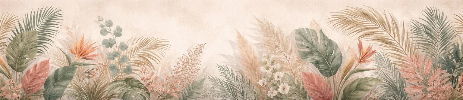 A decorative border with tropical leaves and flowers in pastel colors over a beige background.