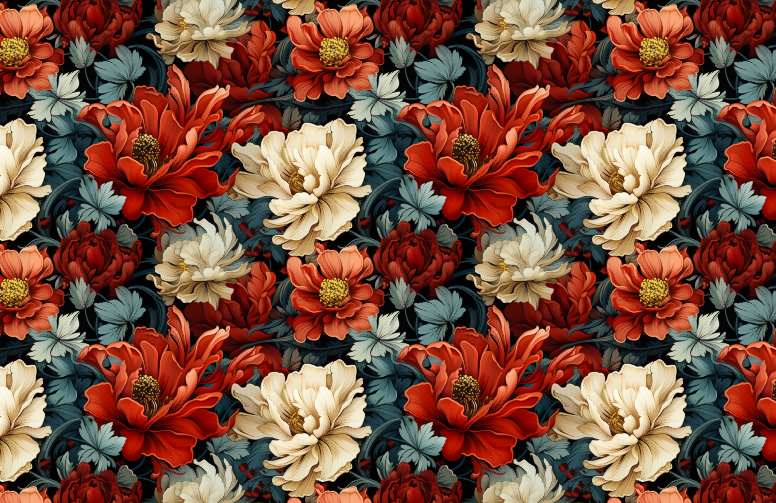 Pattern of large red, cream, and pink flowers with blue and green leaves on a black background.