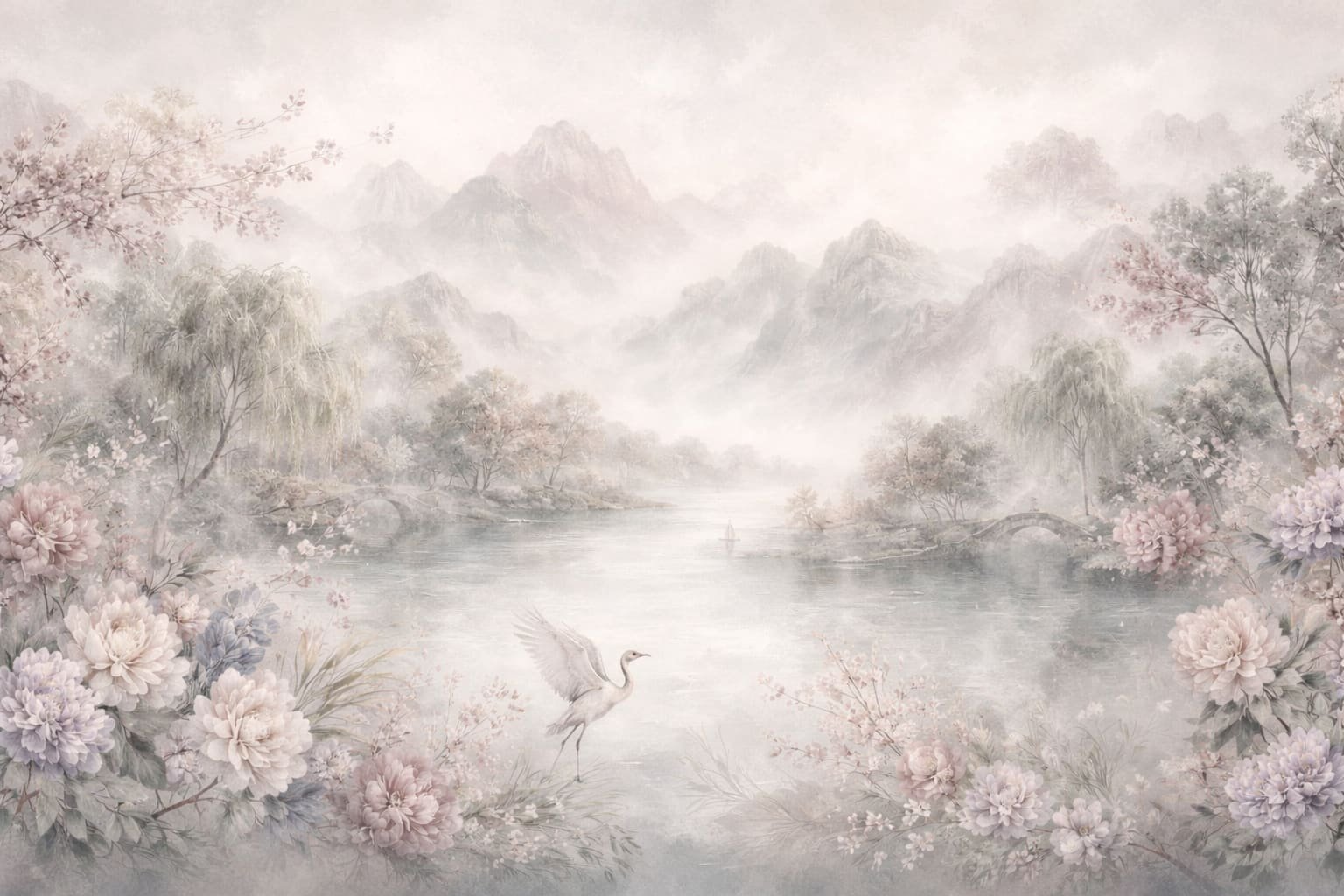 A watercolor landscape painting of a misty river with mountains in the background, flowering trees on both sides, and a swan in the water.