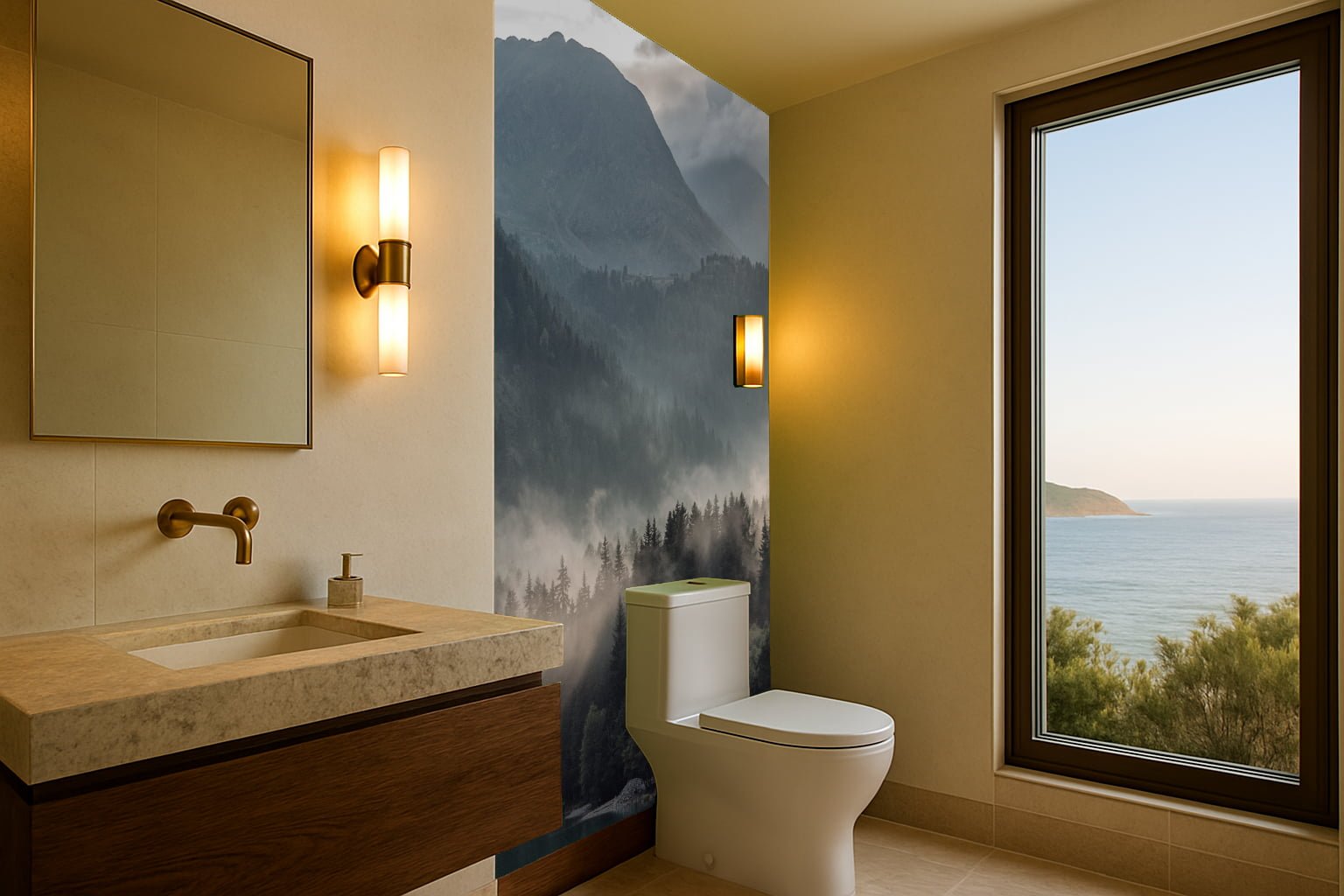 Bathroom with a large window showing a coastal landscape, a white toilet, a wooden vanity with a stone sink, and wall-mounted lights.