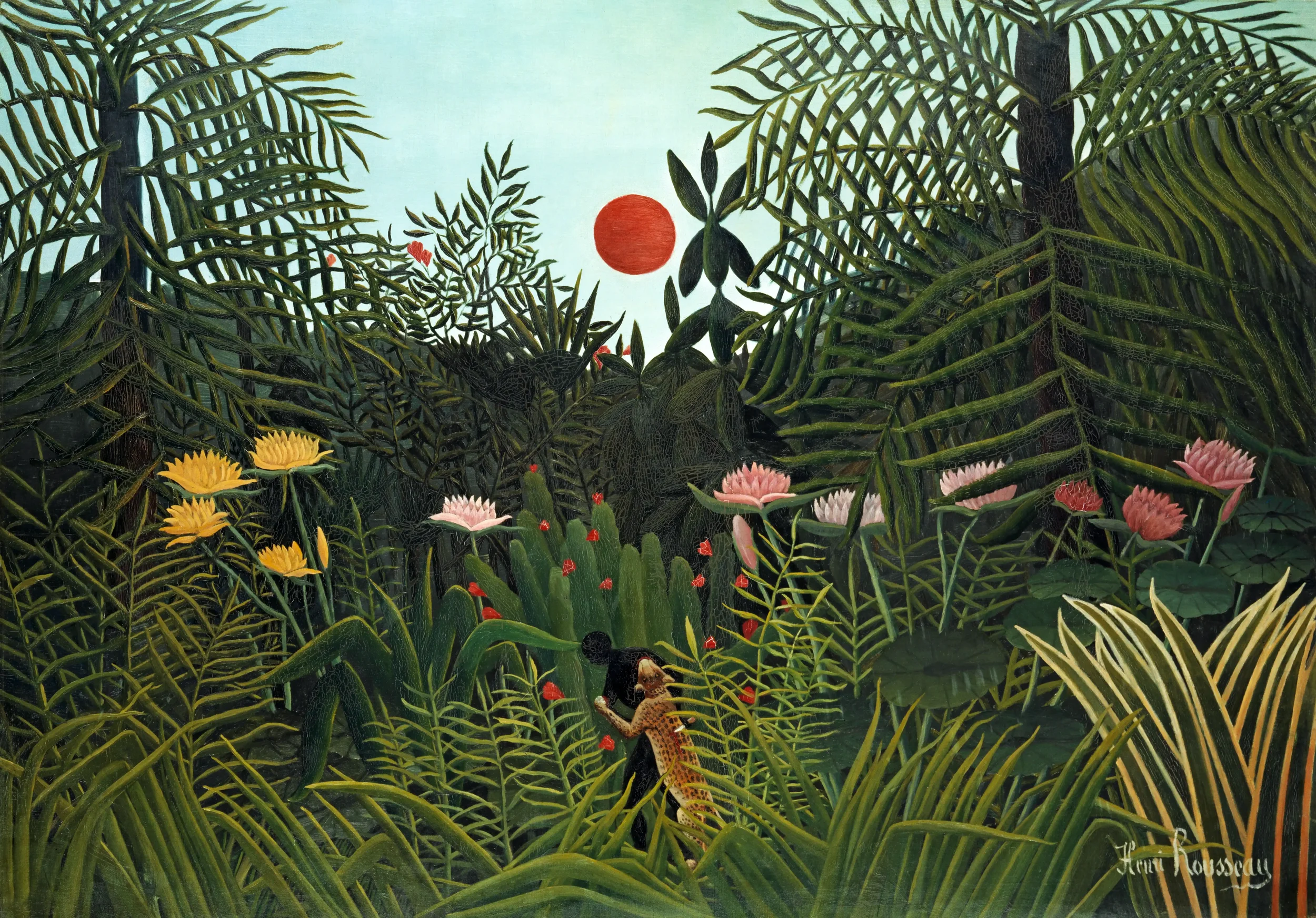 A lush jungle scene with dense green plants, tall trees, and various colorful flowers, including lotus flowers and flowering cacti. Two birds are perched among the foliage, with a setting red sun in the sky.