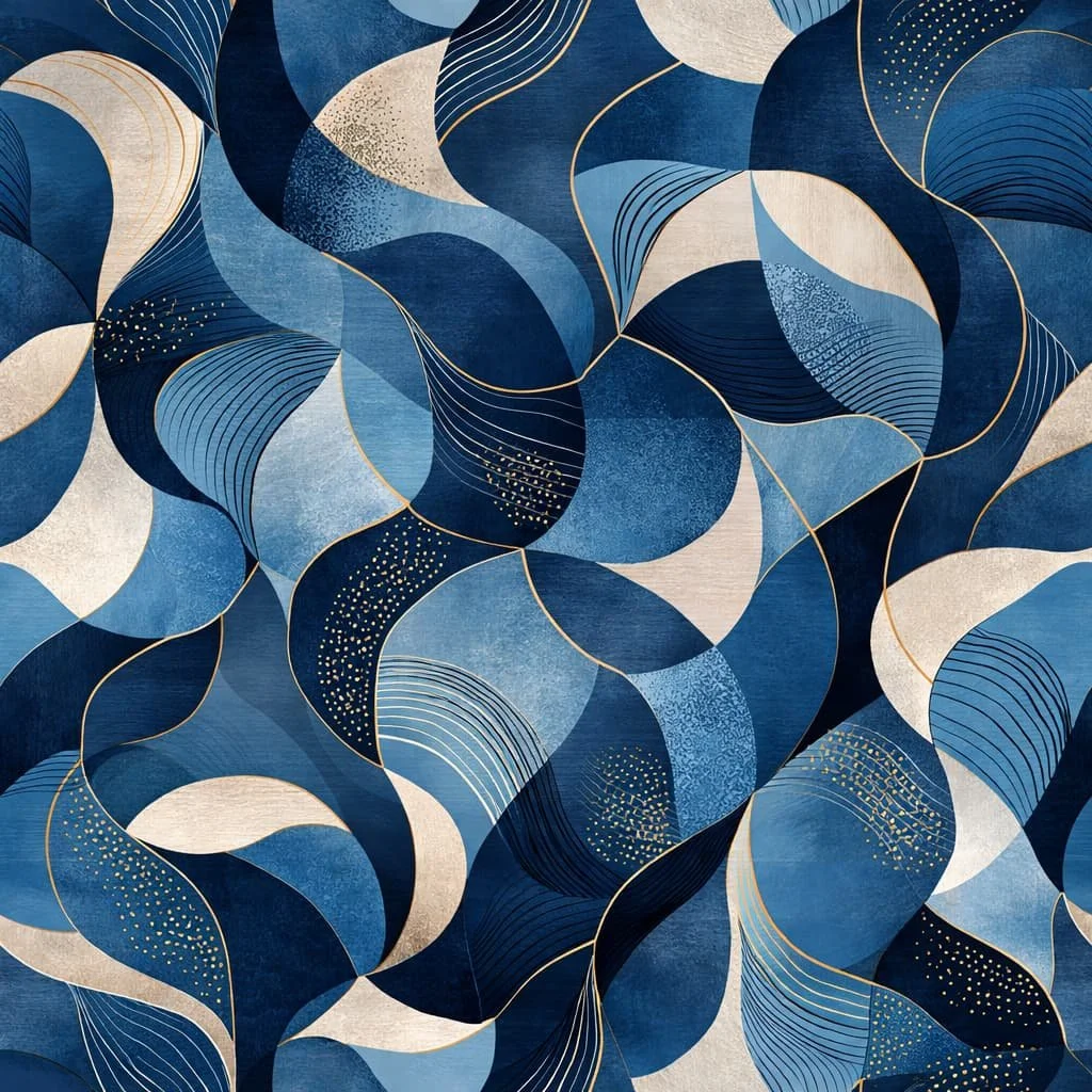 Abstract pattern with flowing dark blue, light blue, and beige shapes outlined with gold lines, resembling leaves or waves.