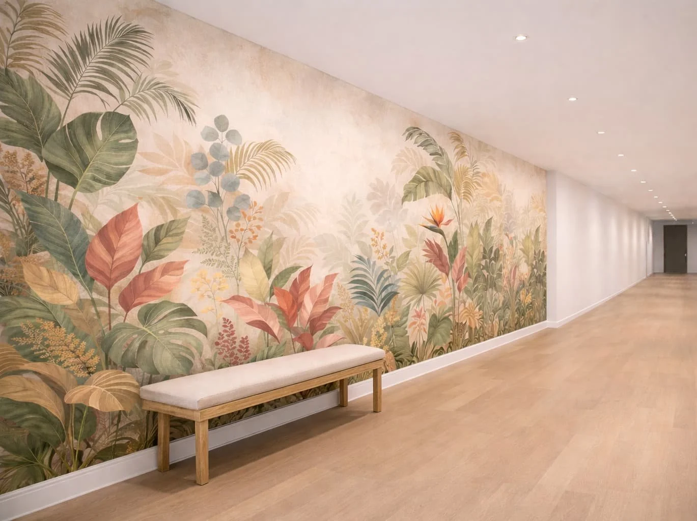 Empty hallway with a vibrant jungle wallpaper mural, wooden bench with white cushion, and wooden floor.