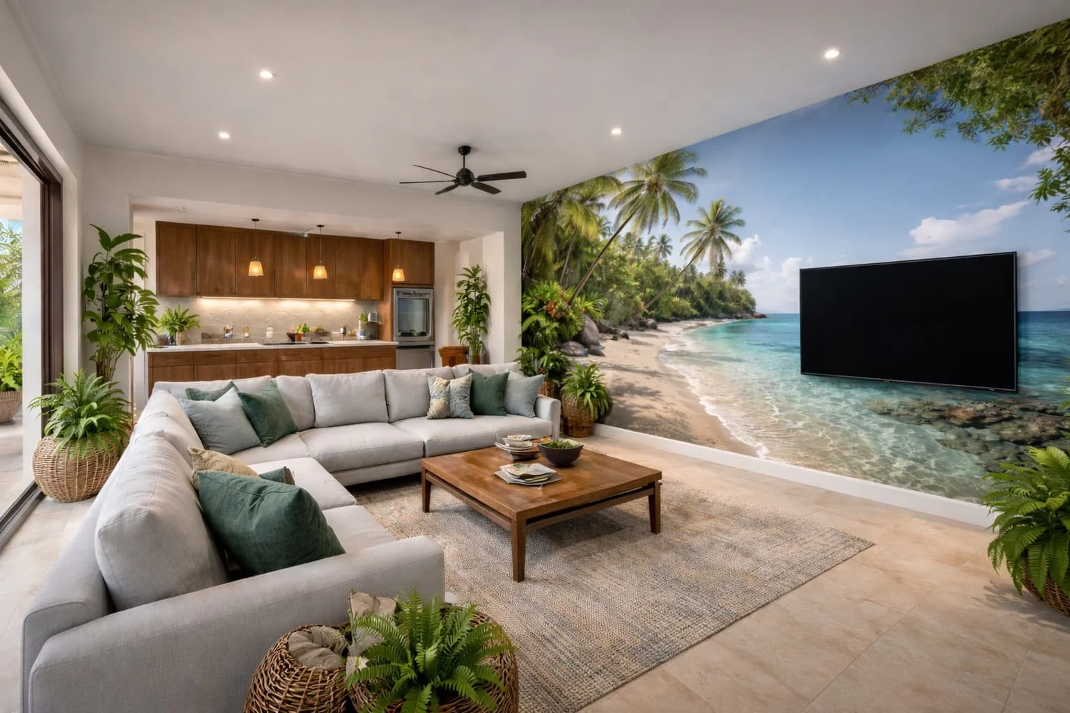Living room with a beach mural wall, white sectional sofa with green and beige pillows, wooden coffee table with bowls, potted plants, kitchen area with wooden cabinets and pendant lights, large sliding glass door, ceiling fan, and tropical decor.