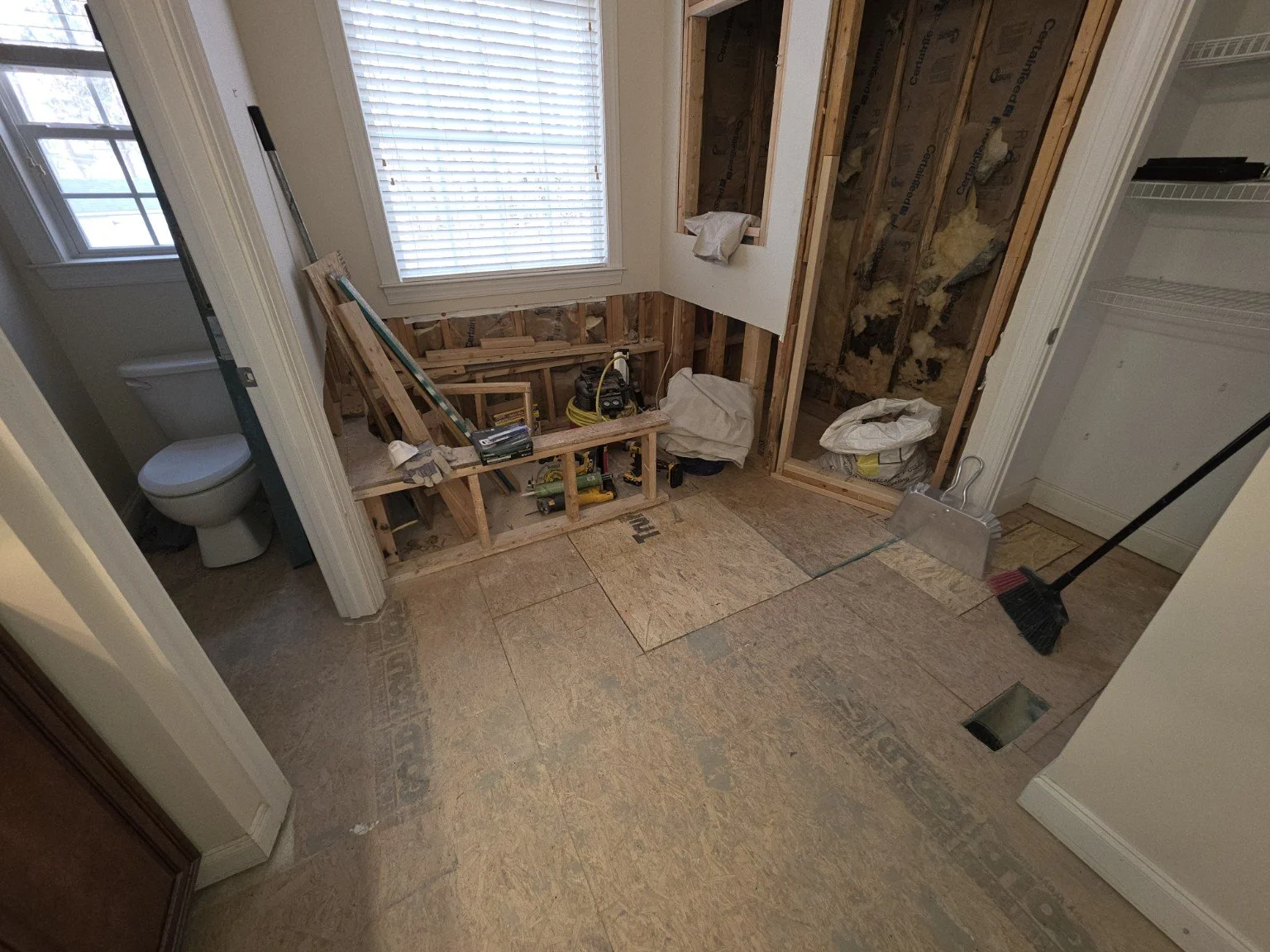 Replacement bathroom subfloor installed before flooring and shower reconstruction in Browns Summit, NC.