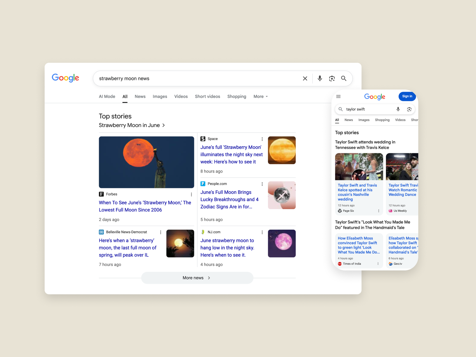 Google Search Top Stories desktop and mobile UI