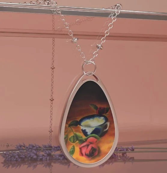 Vintage Teacup Rose Oval Necklace