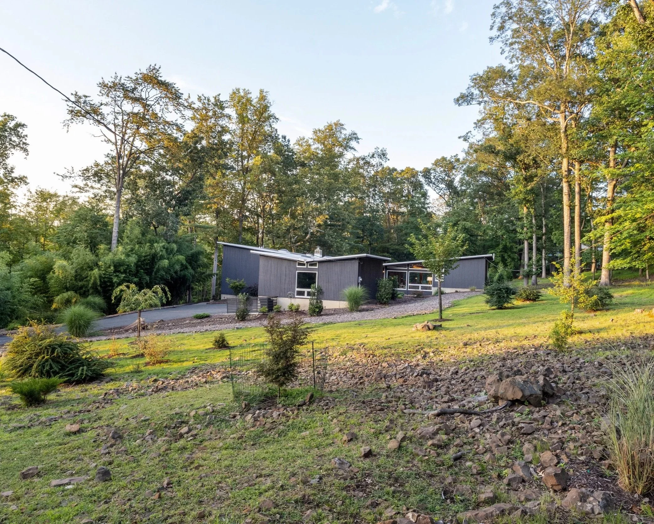 Mid-century modern filming location in Watchung, NJ with butterfly roof, dark exterior facade, naturalistic landscaping, and wooded backdrop on a gentle slope.