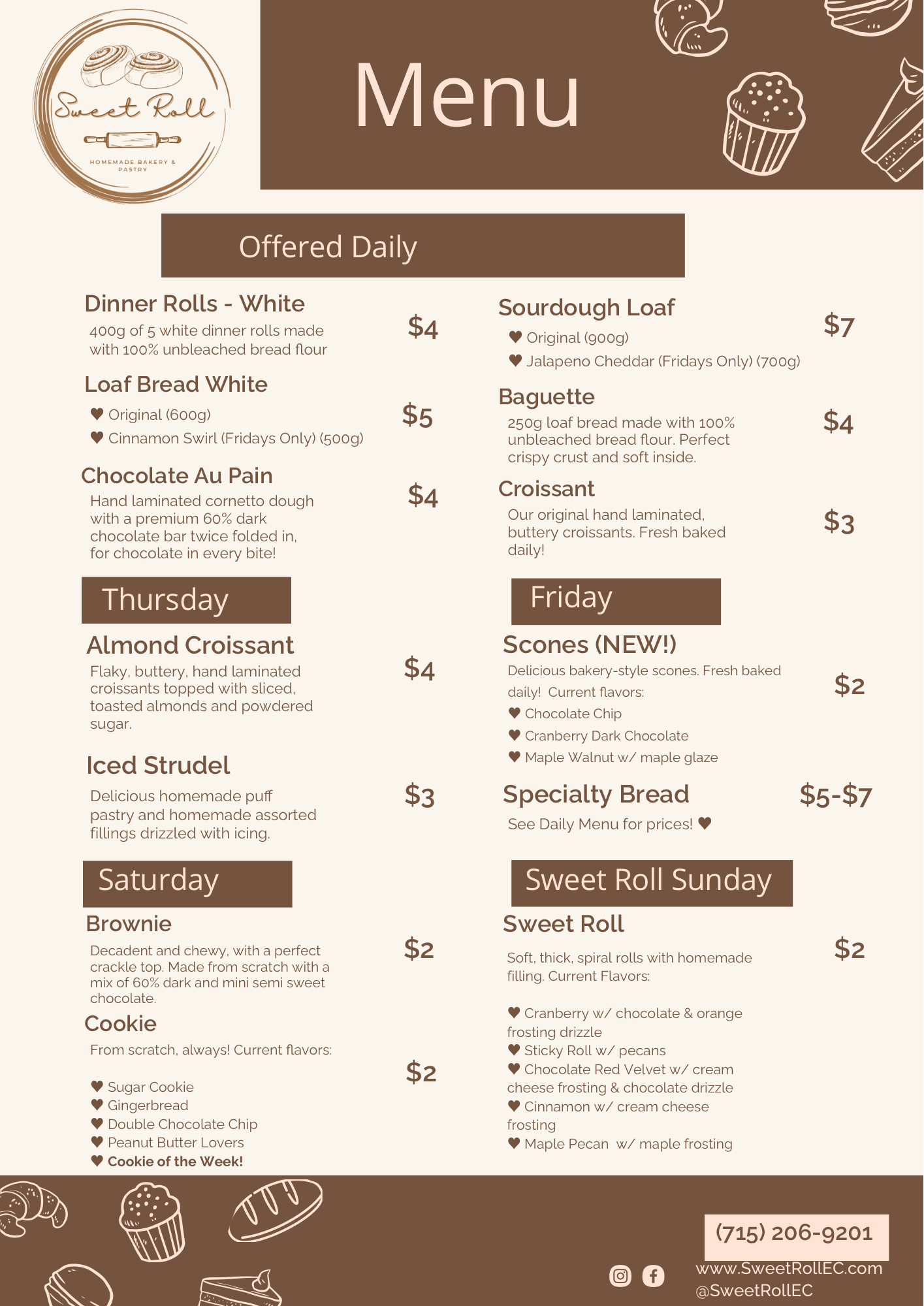 A bakery menu for Sweet Roll bakery displaying daily offerings including dinner rolls, loaf bread, croissants, scones, sweet rolls, and cookies, with various prices and descriptions.