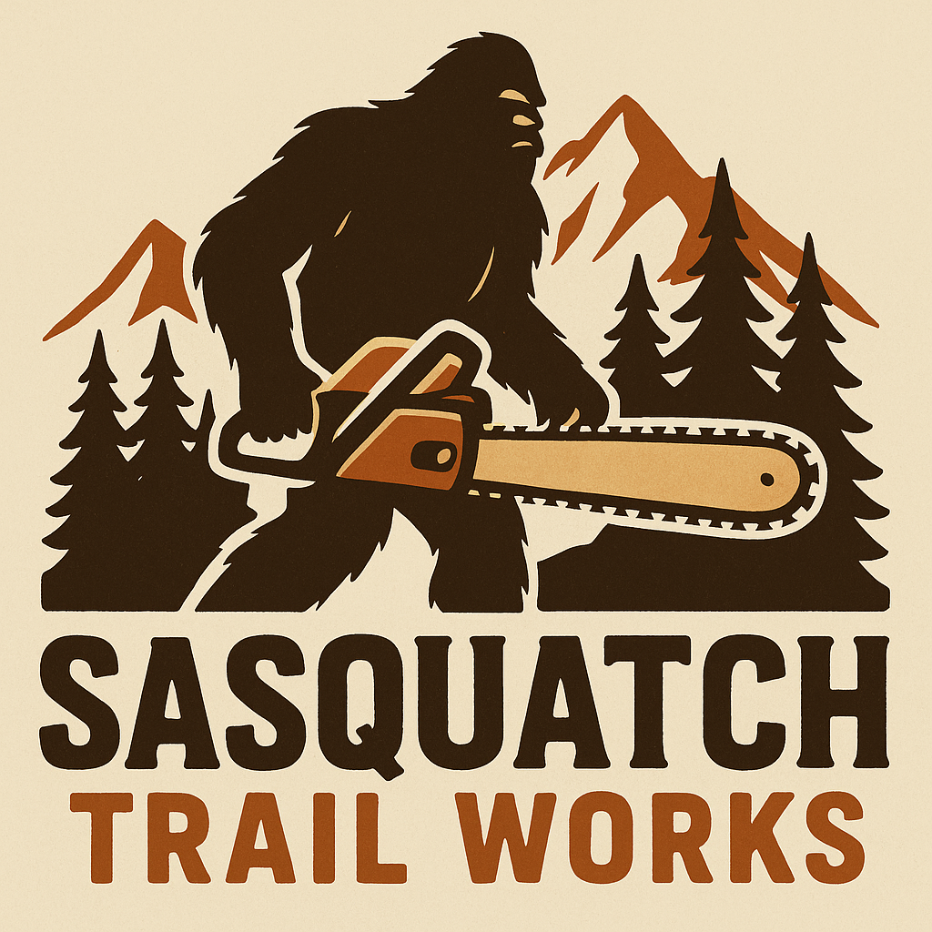 A cartoon illustration of a sasquatch holding a chainsaw, standing among pine trees with mountains in the background, and text that reads 'Sasquatch Trail Works'.