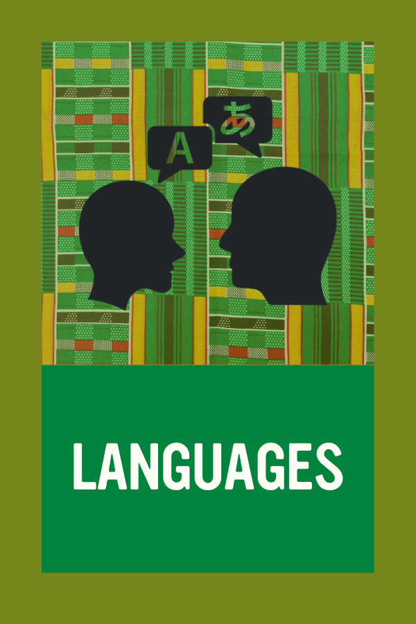 Illustration of two black silhouettes of heads facing each other with speech bubbles containing the letter 'A' and a currency symbol, set against a colorful patterned background with a green section labeled 'Languages'.