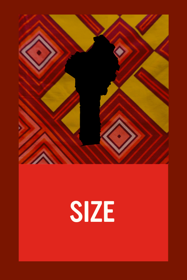 Silhouette of the state of Texas over a red, yellow, and orange geometric patterned background with a red banner that says 'SIZE' in white text.
