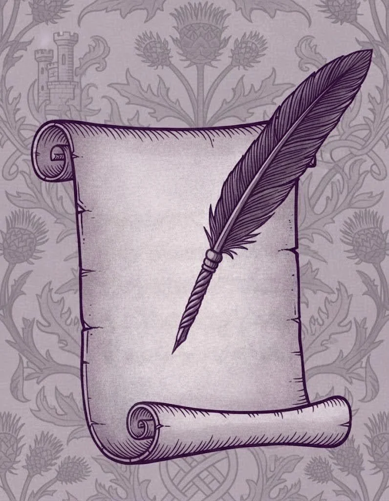 A purple ink illustration of a quill pen resting on an unrolled parchment scroll with a decorative background pattern of thistles and a castle.