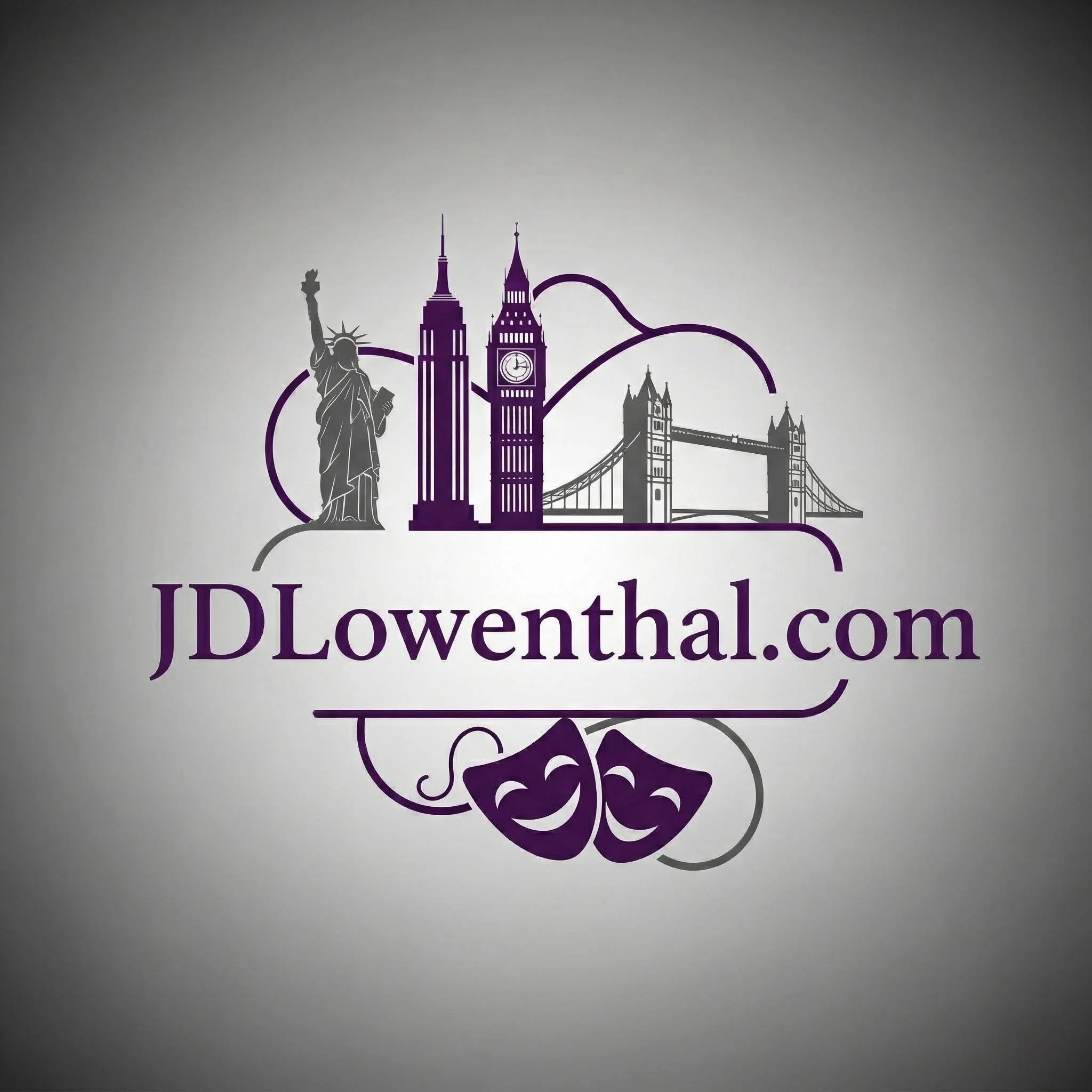 Logo featuring silhouettes of the Statue of Liberty, Empire State Building, Big Ben, and Tower Bridge with the text "JDLowenthal.com" underneath and theatrical masks below.