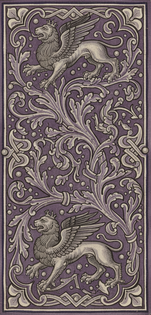 Decorative design featuring two winged lion figures with elaborate swirling patterns on a purple background.