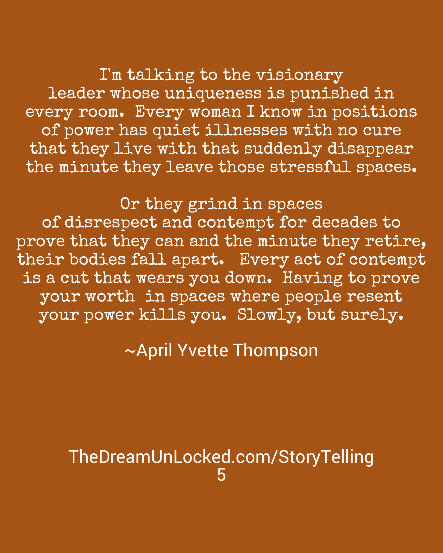 A digital poster with a brown background featuring a quote by April Yvette Thompson, discussing the struggles of women in spaces of power and disrespect, and the symbolism of silence and contempt.