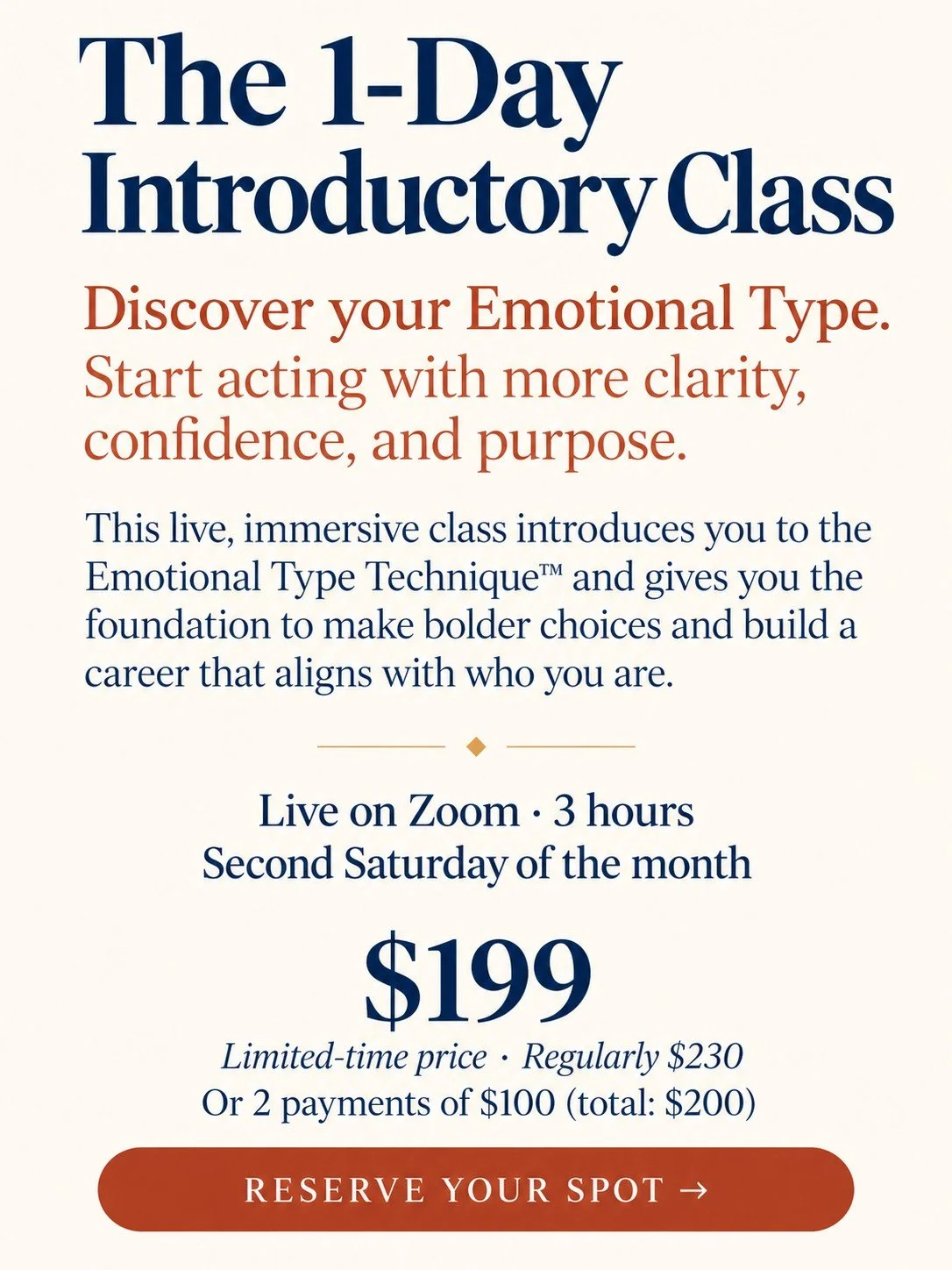 The 1-Day Introductory Class. Live on Zoom, 3 hours, second Saturday of the month. $199 or 2 payments of $100.