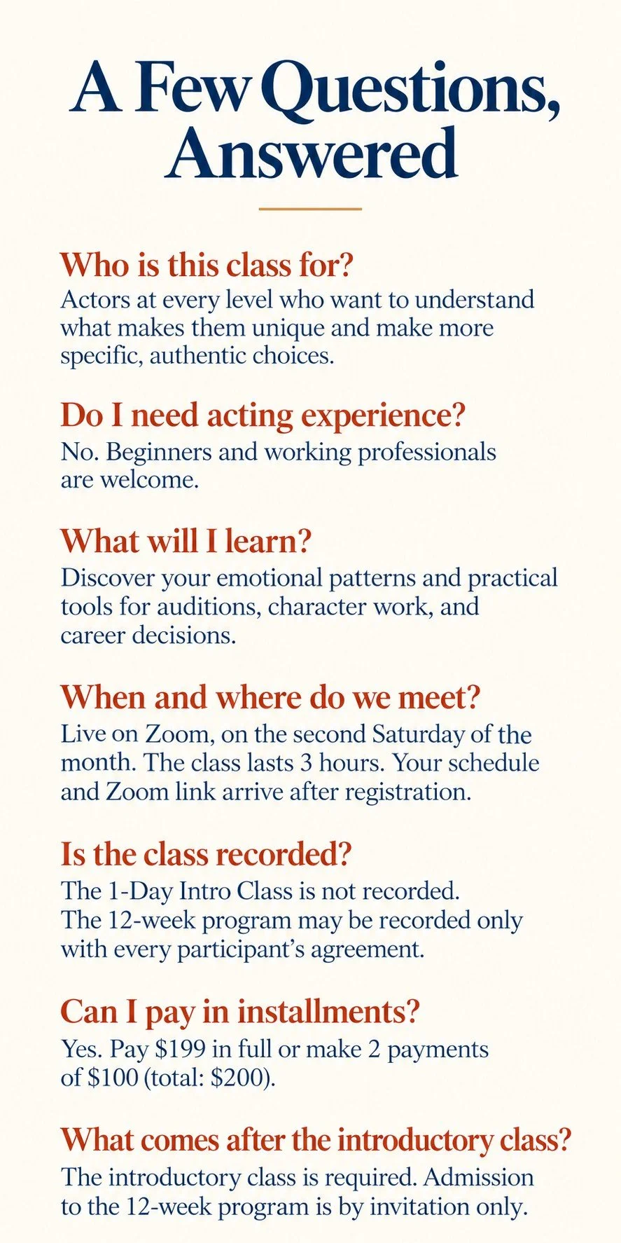 Emotional Type Intro Class FAQ: experience, learning, Zoom schedule, recordings, installments, and invitation-only admission to the 12-week program.
