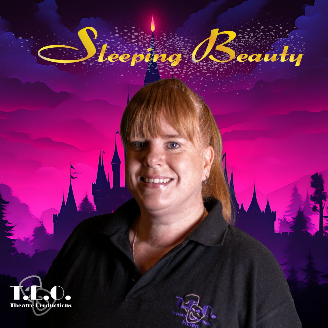 A woman with red hair smiling in front of a purple and pink castle background with the text "Sleeping Beauty" and a lit candle in a magical setting.