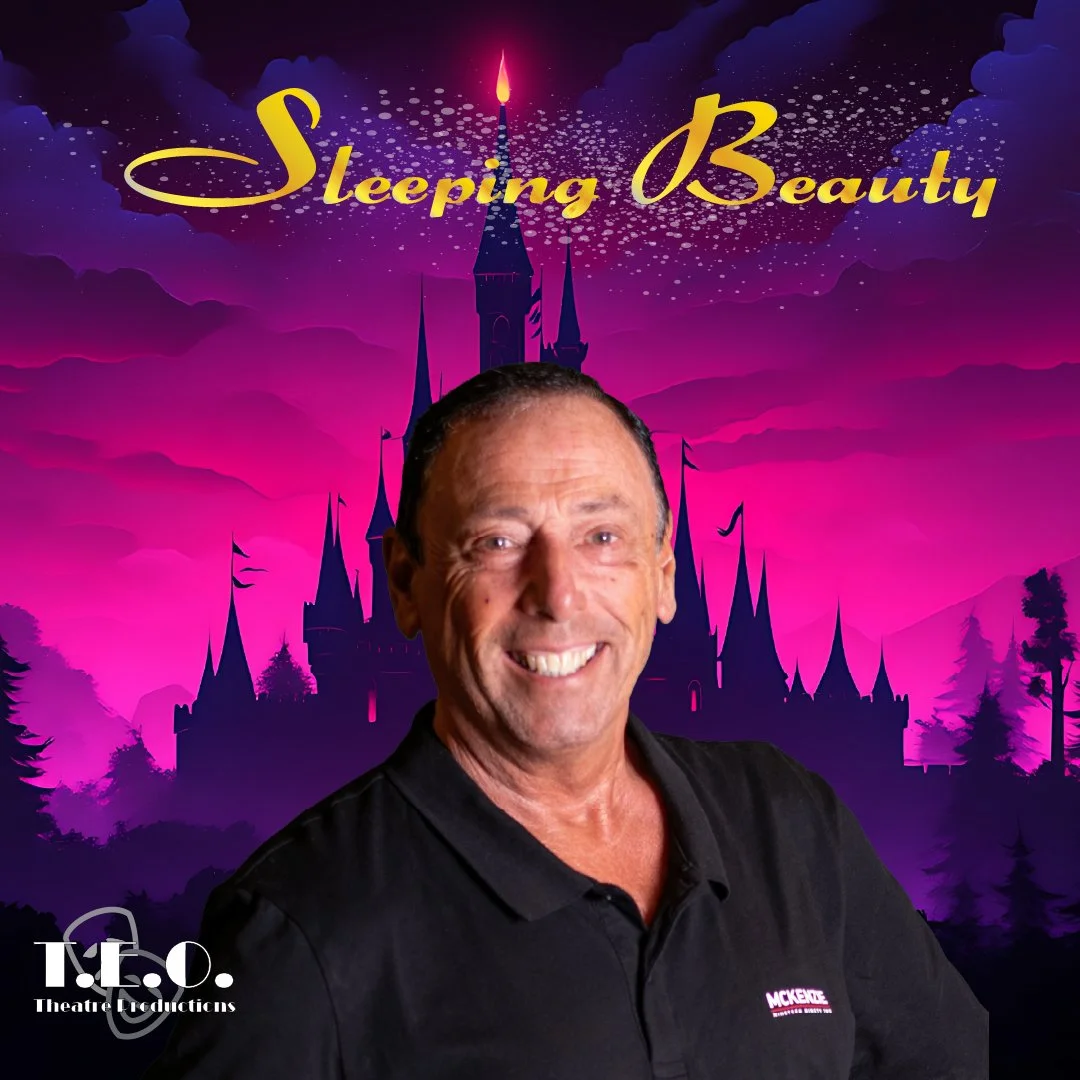 Poster for a show called 'Sleeping Beauty' with a smiling man in front of a purple and pink castle background.