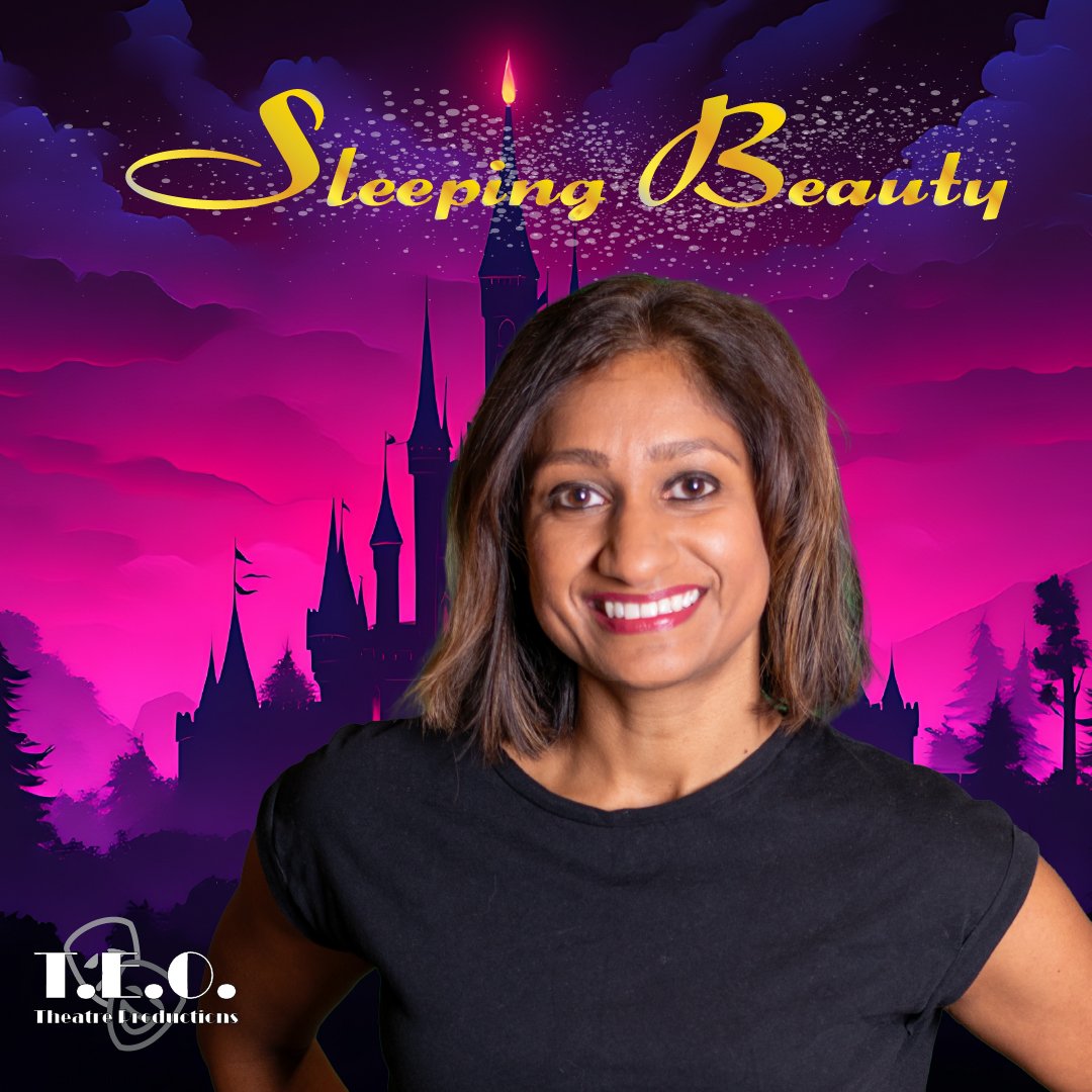 A woman with shoulder-length brown hair and a black shirt smiling in front of a purple and pink animated castle background with the words 'Sleeping Beauty' written in yellow above her.