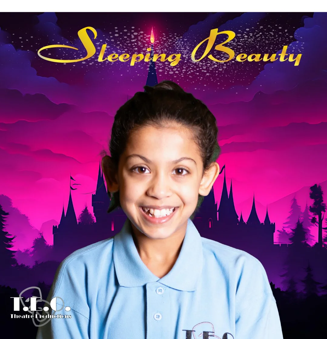 Young girl smiling in front of a fantasy castle backdrop with pink and purple skies, trees, and the title 'Sleeping Beauty' at the top.