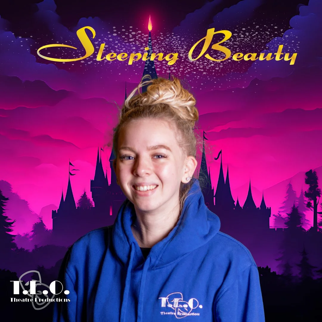 A young woman with blonde hair in a bun, wearing a blue hoodie, standing in front of a pink and purple castle background with the text 'Sleeping Beauty' above her.