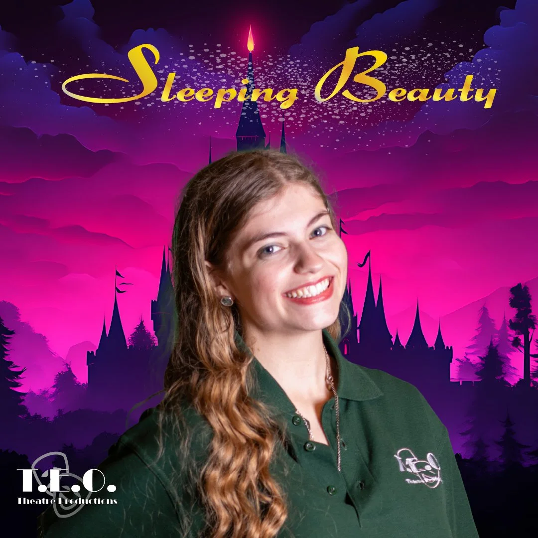 A woman with long wavy brown hair smiling in front of a colorful background featuring a castle silhouette, purple and pink sky, and the text "Sleeping Beauty."