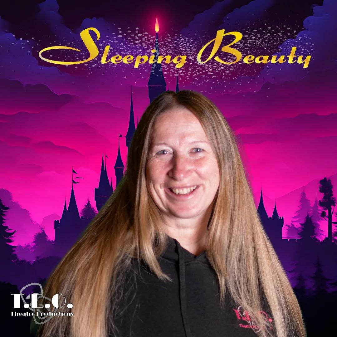 A woman with long blonde hair smiling in front of a fantasy castle backdrop with purple and pink tones and the words "Sleeping Beauty" in yellow cursive text.