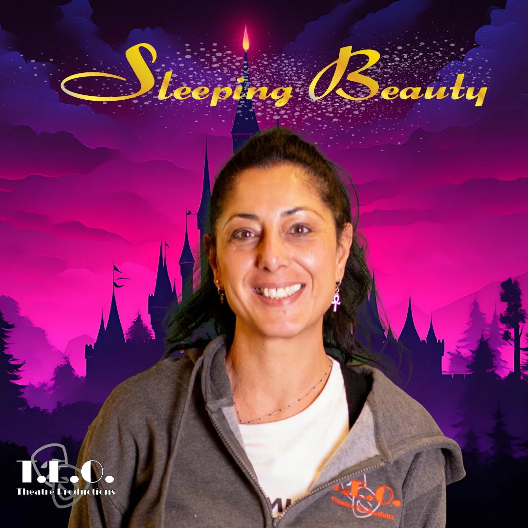 A smiling woman with dark hair tied back, wearing a gray and black jacket and earrings, in front of a purple and pink fantasy castle background with the text 'Sleeping Beauty' at the top and 'T.E.O. Theatre Productions' logo at the bottom left.