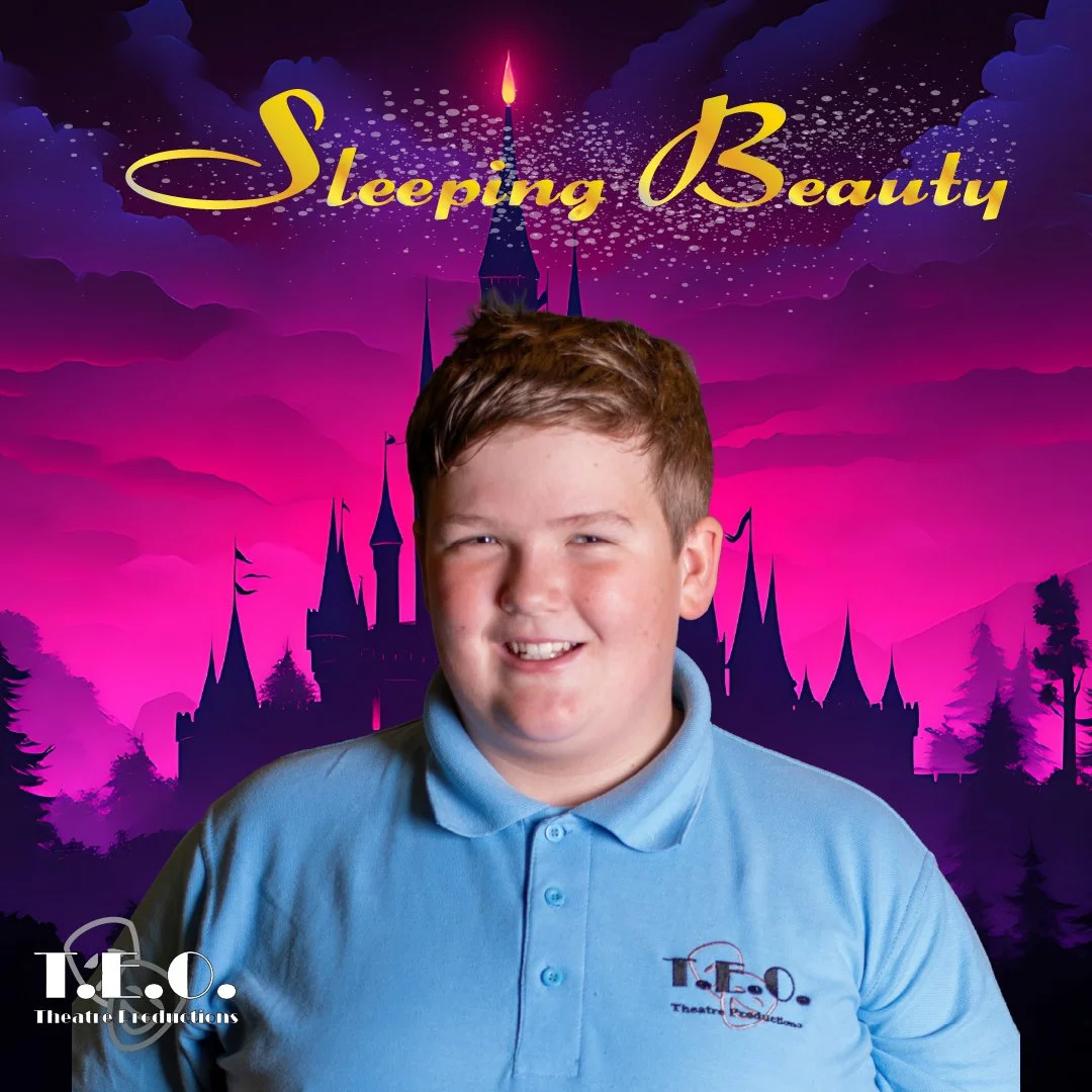 A young boy with short brown hair and a light blue polo shirt standing in front of a Disney castle background. The background features purple and pink hues with a castle silhouette and the words "Sleeping Beauty" written in yellow cursive at the top.