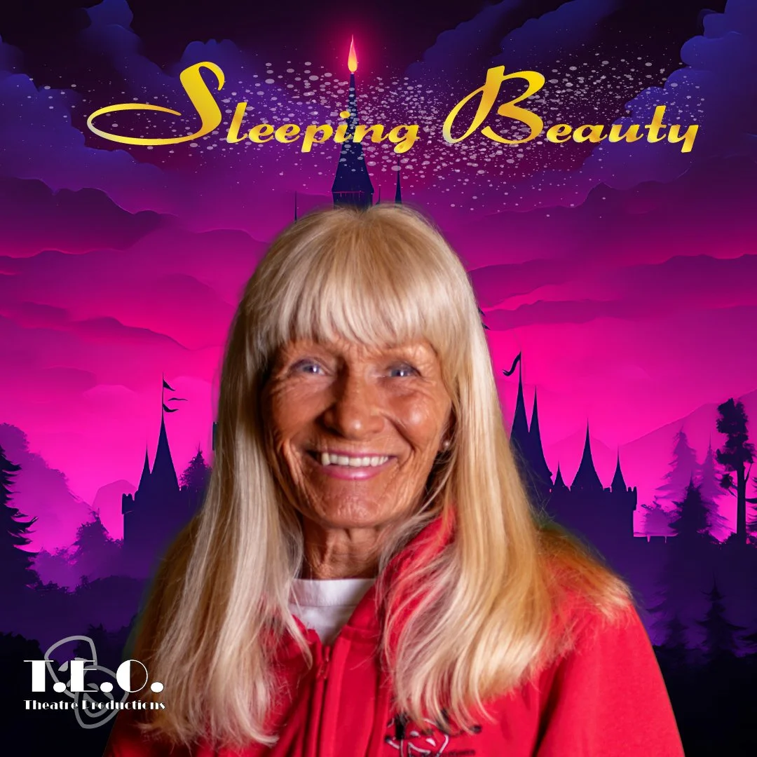 Smiling elderly woman with long blonde hair wearing a red jacket, standing in front of a fantasy-style background with a castle silhouette, pink and purple clouds, and the words 'Sleeping Beauty' at the top.