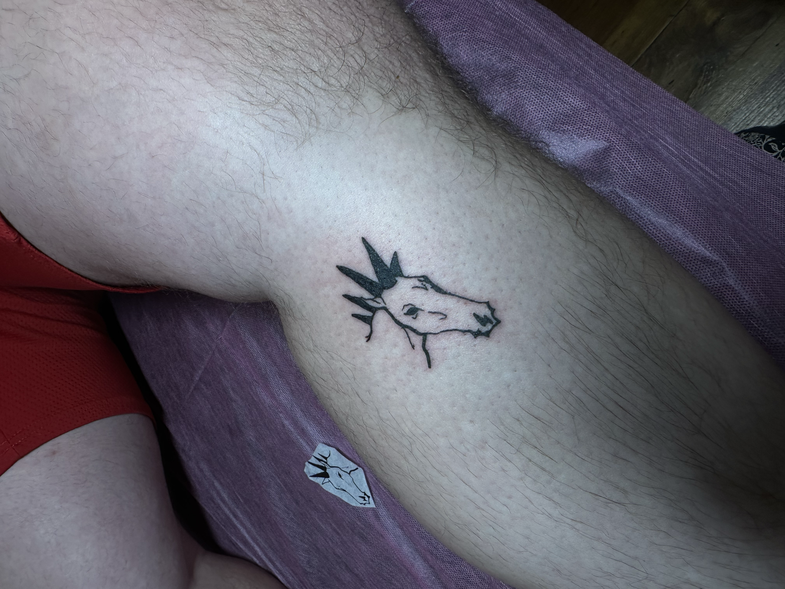 Close-up of a person's torso and upper thigh with a tattoo of a simple black line drawing of a donkey's head.