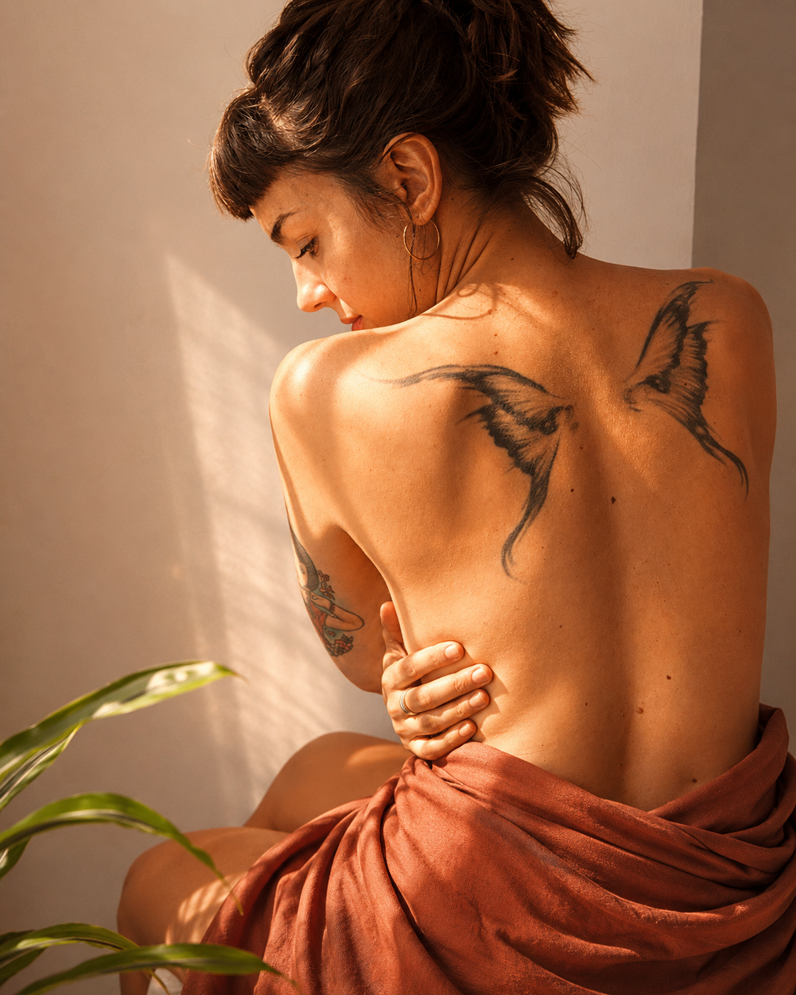 A woman with short dark hair and tattoos, including butterfly wings on her back, sitting with her back to the camera, partially draped in a brown cloth, in natural lighting.