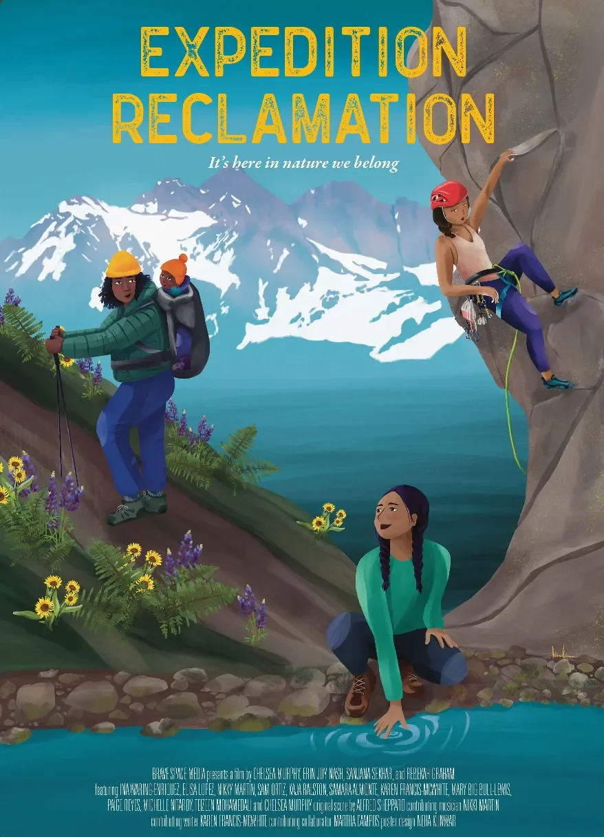 Colorful poster for an adventure and nature-themed event called 'Expedition Reclamation,' featuring a mountain landscape, three women rock climbing and hiking, and a girl sitting by water.